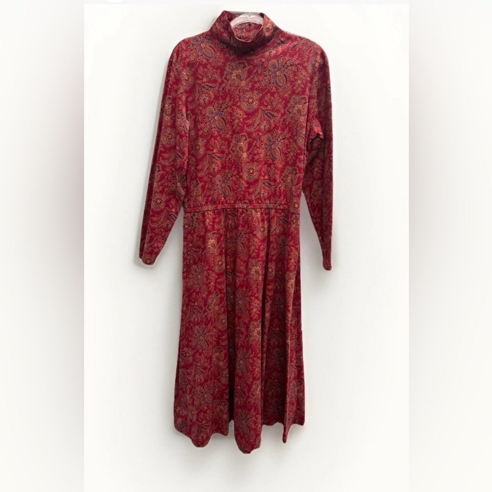 Vintage Lands End Dress Floral Mock Neck Long Sleeve Modest Cotton Western Sz L